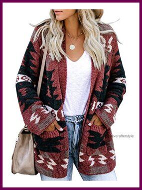 Women Boho Aztec Knit Open Front Cardigan Loose Slouchy Long Sleeve Sweater